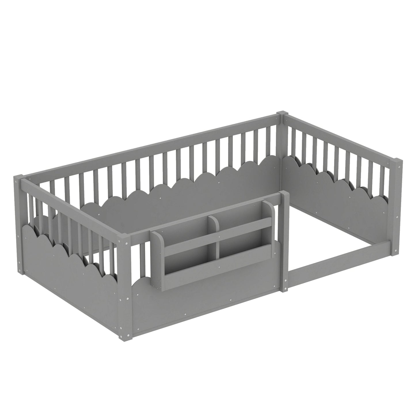 Twin Floor bed with Heightened Fence and bookshelf ,Wood Floor Bed for Kids, Gray.