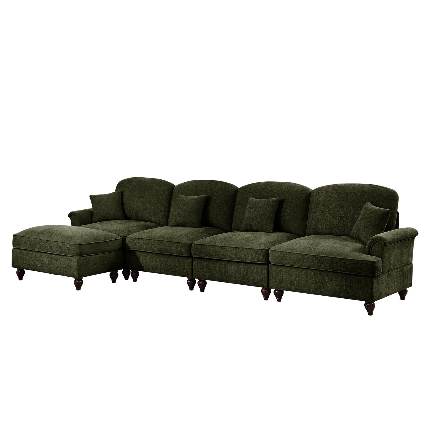Classic Three Seater Modular L Shaped Sectional Couch with Flared Arms and Removable Ruffles Pleats Skirts and Spindle Legs, Comfy Chenille Four-Seat Deep Seat Sofa with Movable Ottoman, Green