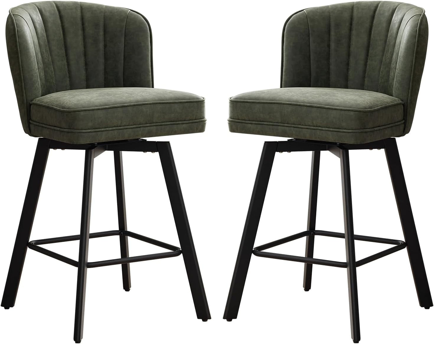 Swivel Counter Height Bar Stools Green Faux Leather showcasing a 2-pack of stylish bar stools with a shell-inspired backrest.