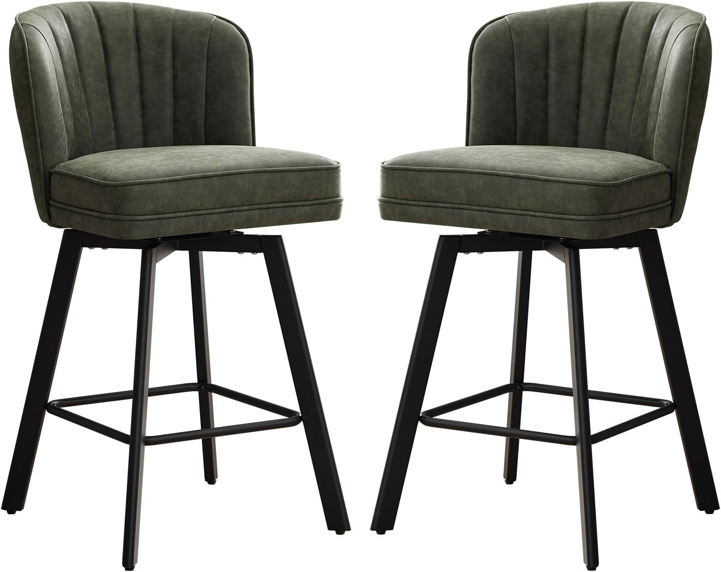Swivel Counter Height Bar Stools Green Faux Leather showcasing a 2-pack of stylish bar stools with a shell-inspired backrest.