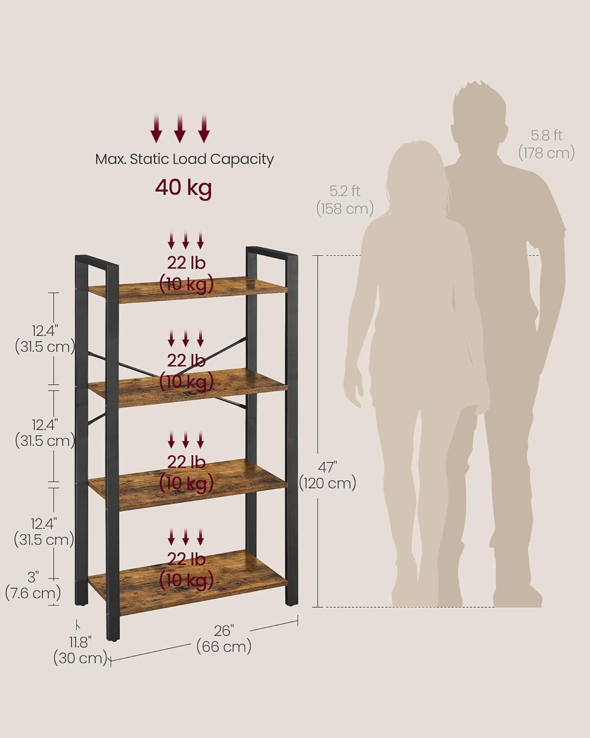 Four Tier Bookshelf Rustic Brown Steel Frame 47 Inches High