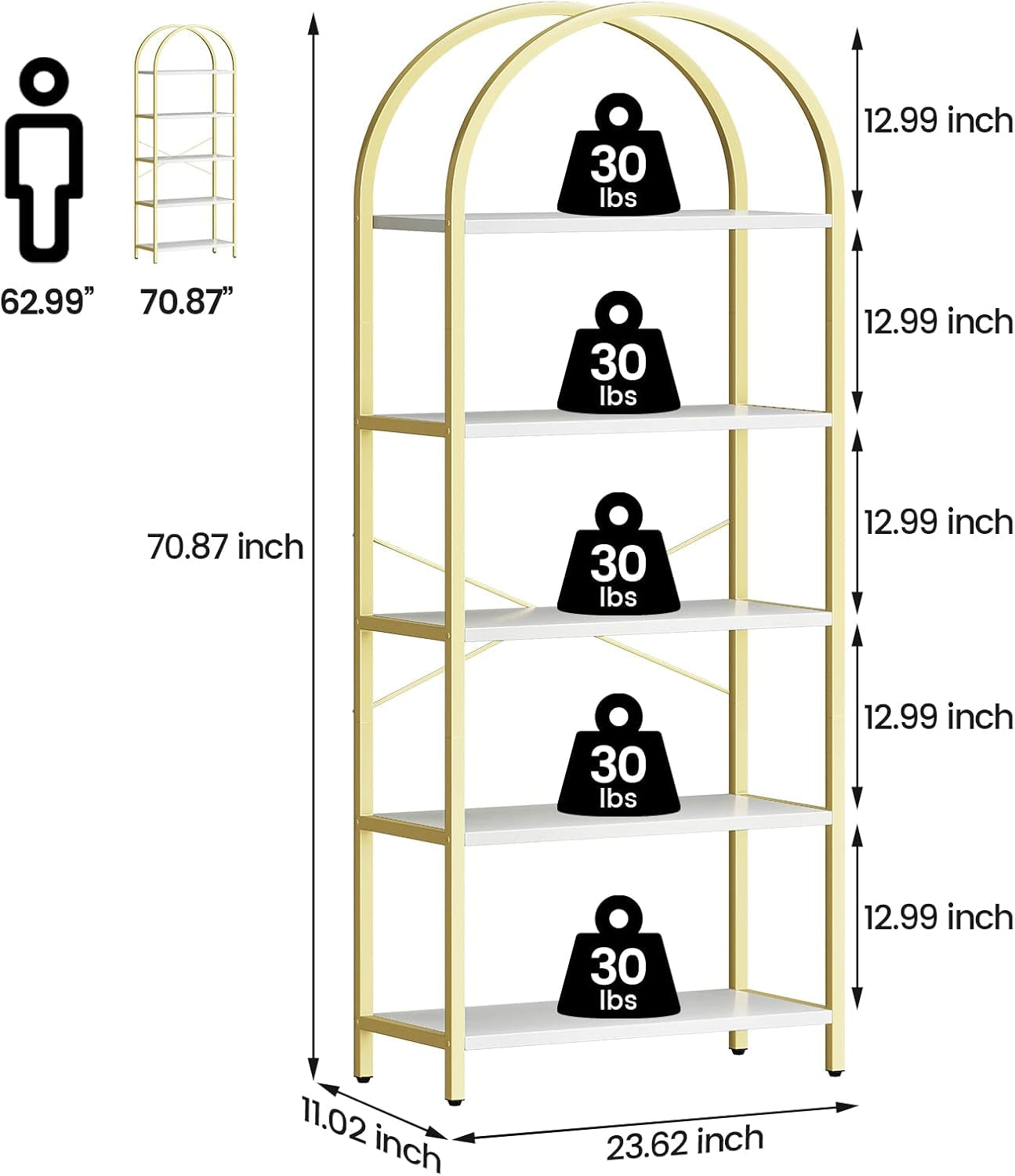 5 Tier Bookshelf Arched Display White Gold Metal Frame Bookcase