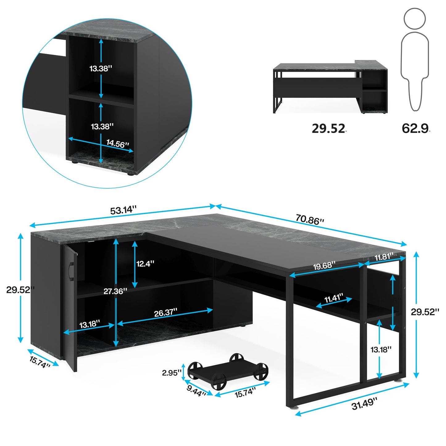 71" L-Shaped Executive Desk with Storage Cabinet & Shelves