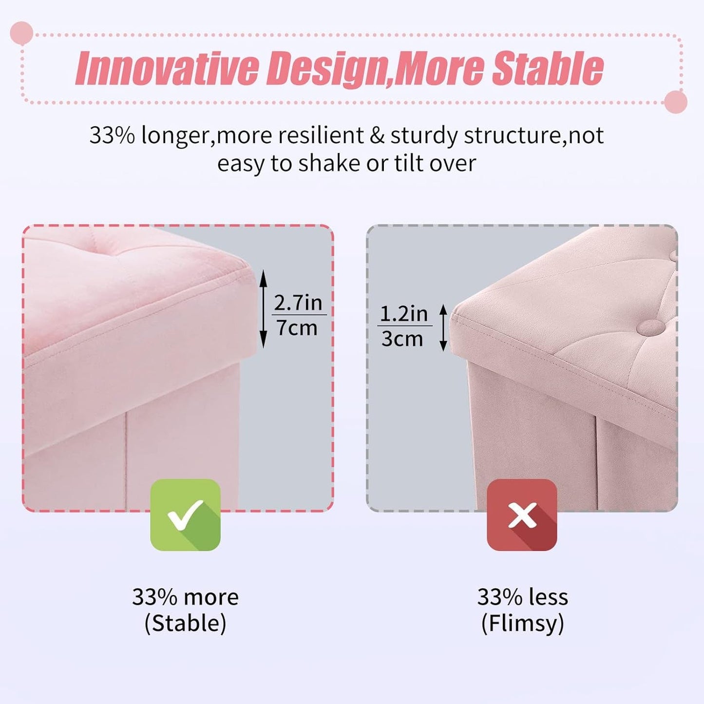 Pink 43 Inch Velvet Lux Foldable Storage Ottoman Bench