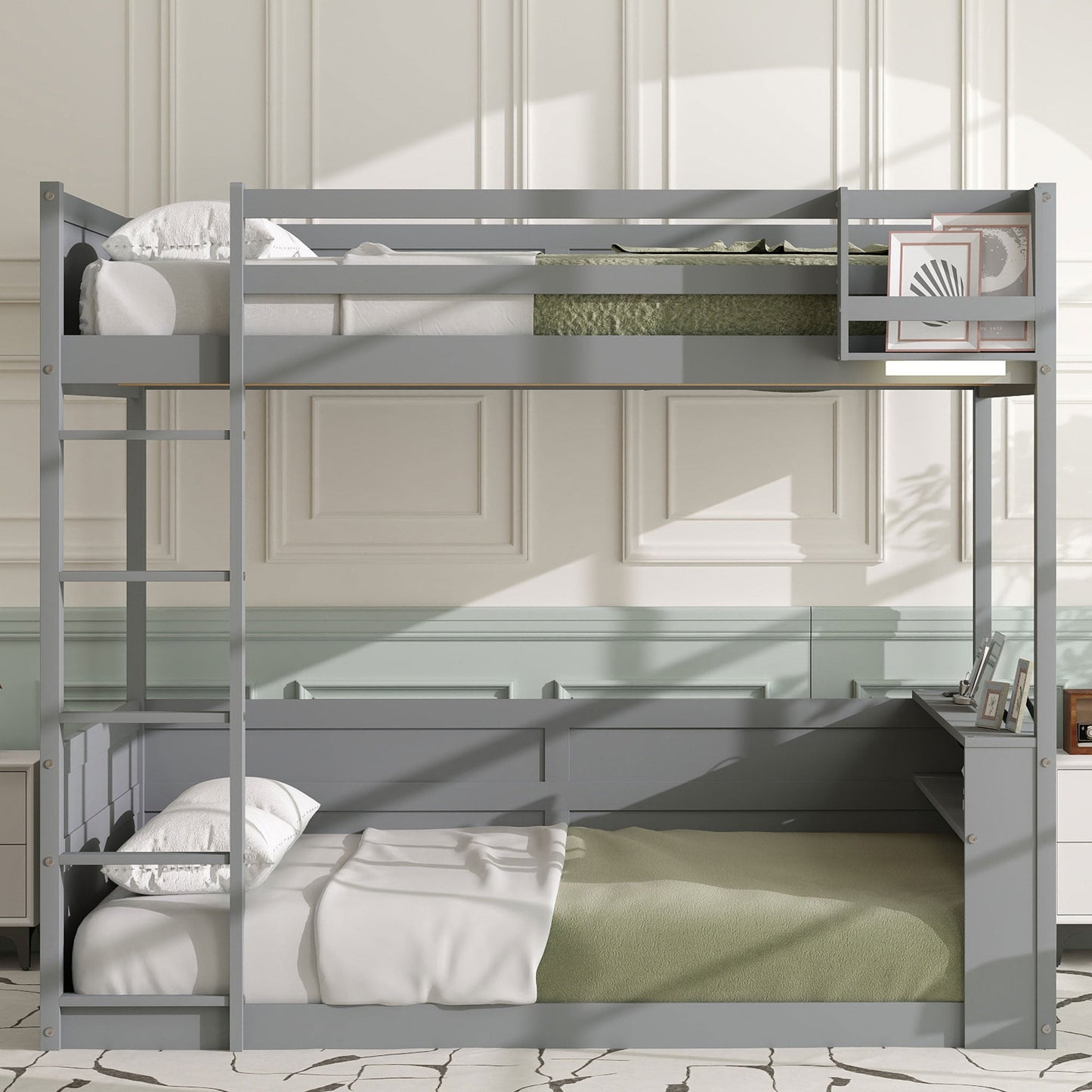Queen Size Wooden Bunk Bed with Built-in Shelves and Storage
