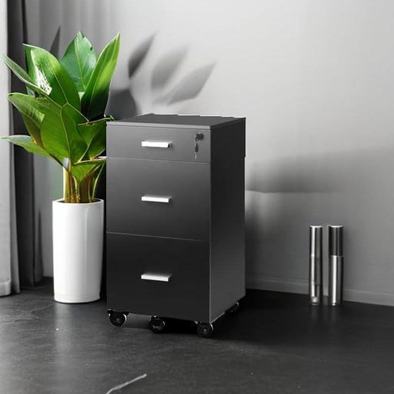 Black 3-Drawer Locking Rolling File Cabinet for Home Office