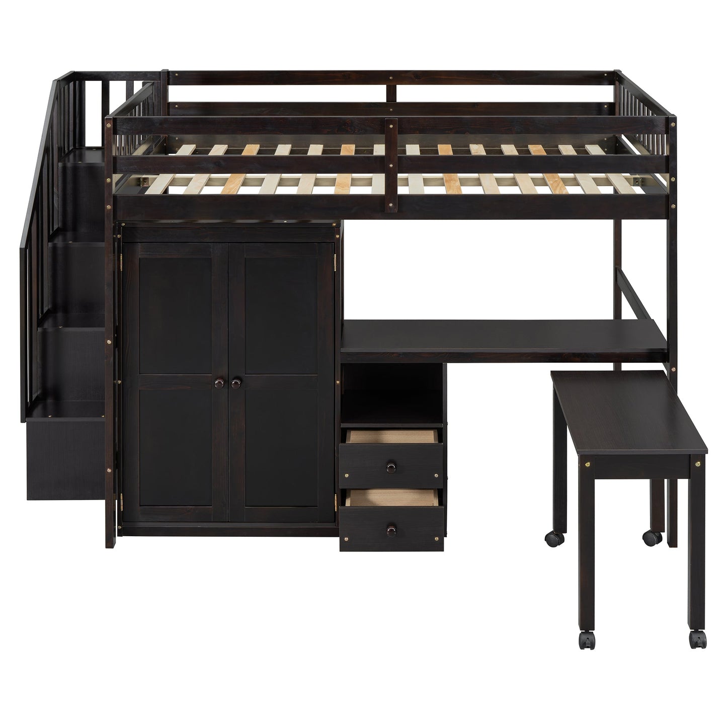 Full Size Loft Bed with Stairs, Bookshelf, Drawers, Desk & Wardrobe – Space-Saving Multifunctional Furniture for Kids & Teens-Espresso