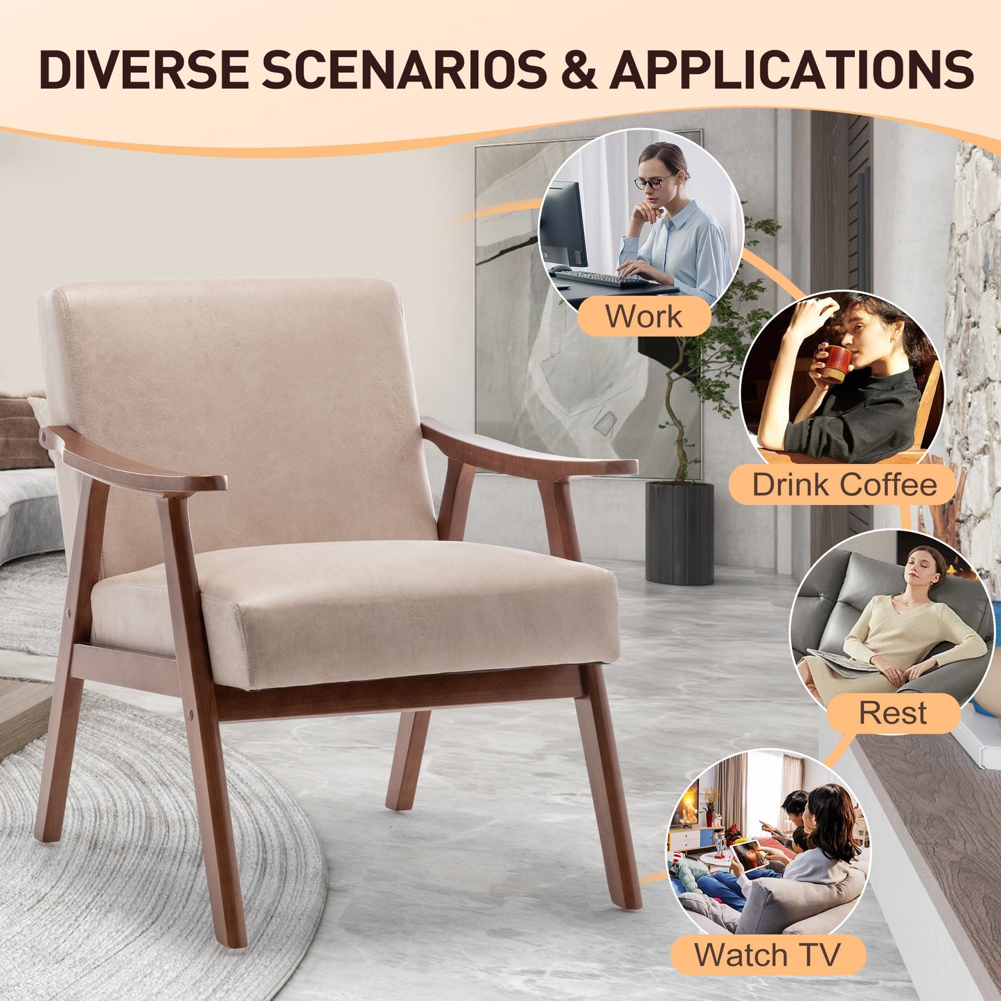 Mid-Century Modern Chair, Living Room Chair with Solid Wood Frame, Accent Chair Extra-Thick Backrest, Wingback Chair for Bedroom, Reading Room, Living Room, Lounge Chair Indoor