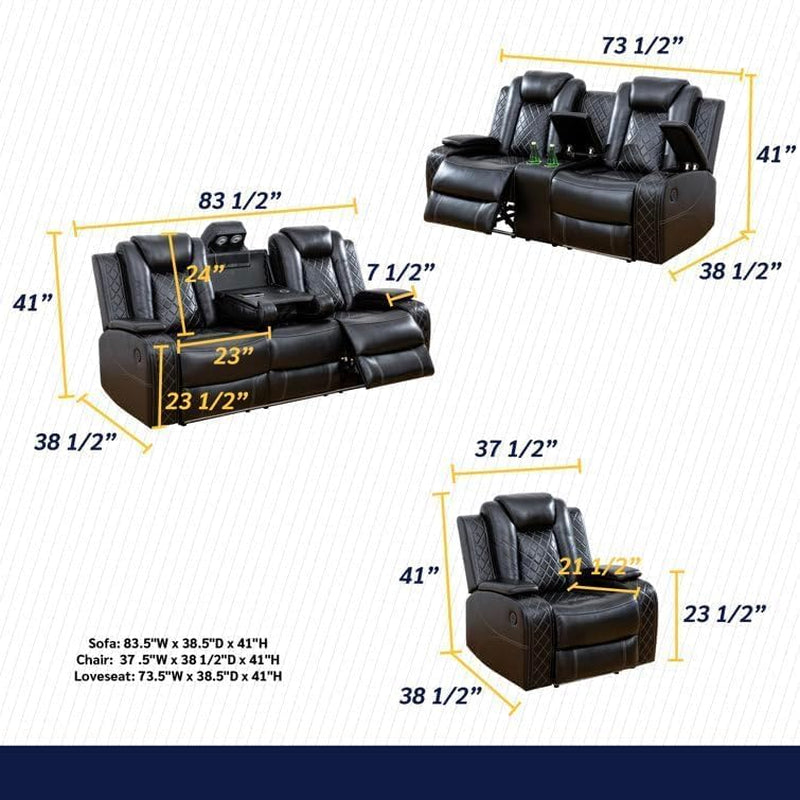 Black Power Recliner Sofa Set With LED And USB Charging