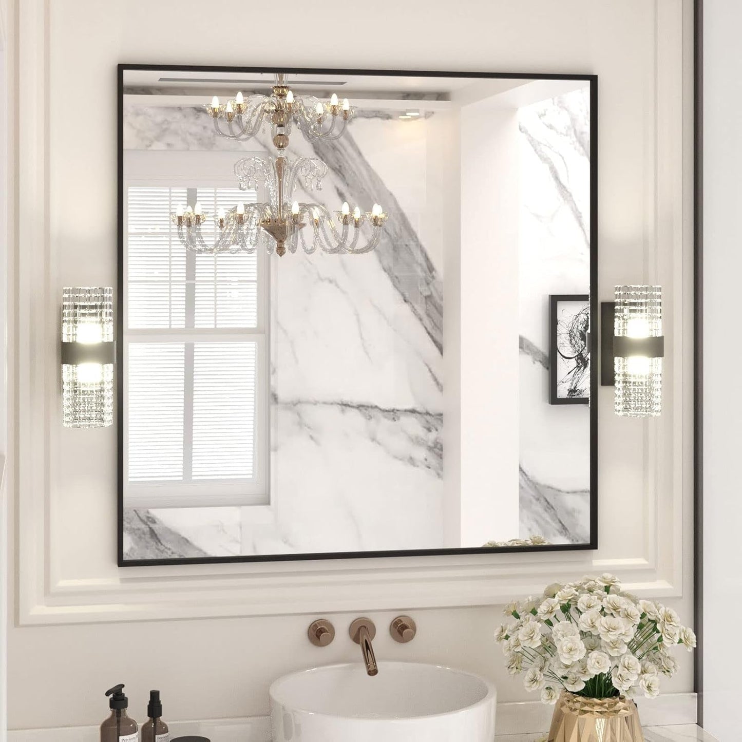 36 Inch Black Rectangle Bathroom Mirror With Tempered Glass