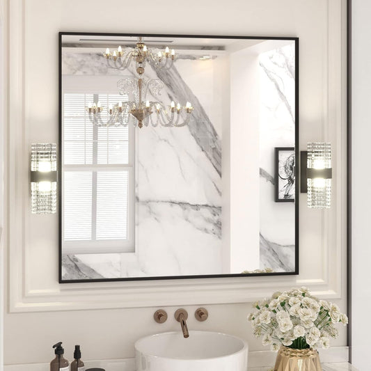 36 Inch Black Rectangle Bathroom Mirror With Tempered Glass