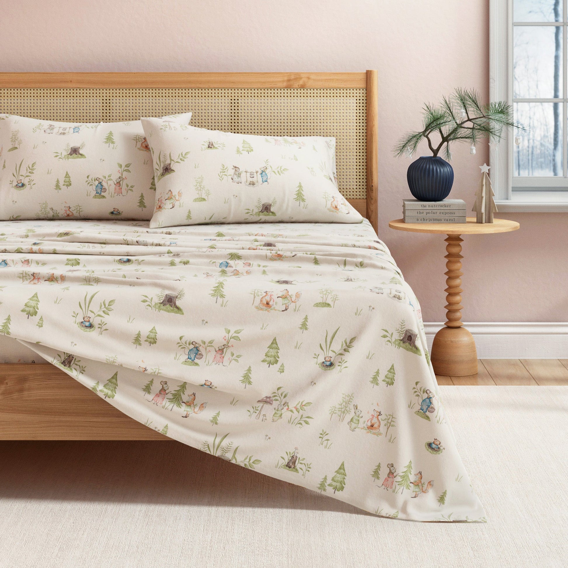 Bed with floral-patterned bedding in a bedroom setting