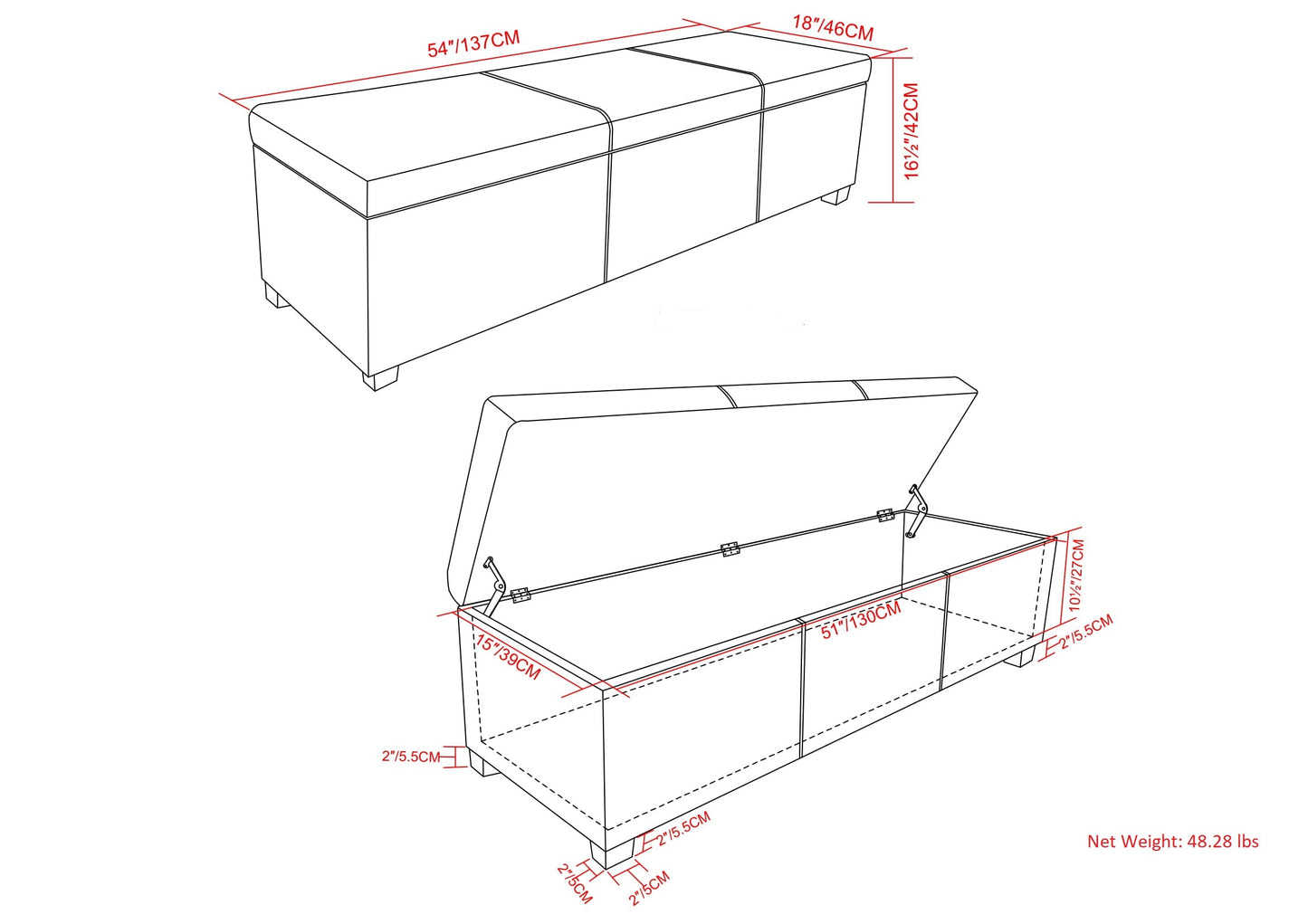 Avalon 54 Inch Wide Extra Large Storage Ottoman Bench in Cloud