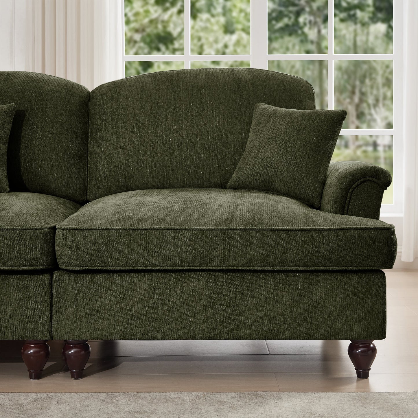 Classic Three Seater Modular L Shaped Sectional Couch with Flared Arms and Removable Ruffles Pleats Skirts and Spindle Legs, Comfy Chenille Four-Seat Deep Seat Sofa with Movable Ottoman, Green