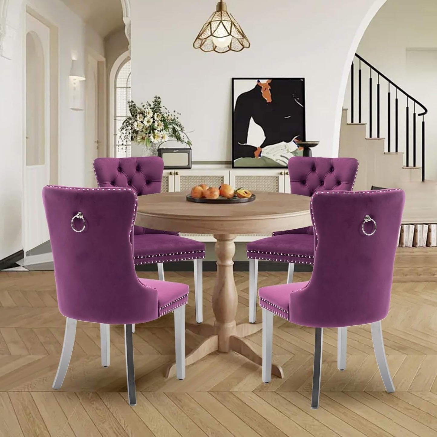 Velvet Dining Chairs Set Of 4 With Nailhead Trim And Silver Plated Legs