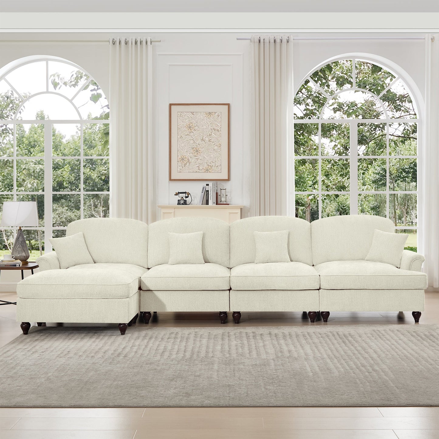 Classic Three Seater Modular L Shaped Sectional Couch with Flared Arms and Removable Ruffles Pleats Skirts and Spindle Legs, Comfy Chenille Four-Seat Deep Seat Sofa with Movable Ottoman, Beige White