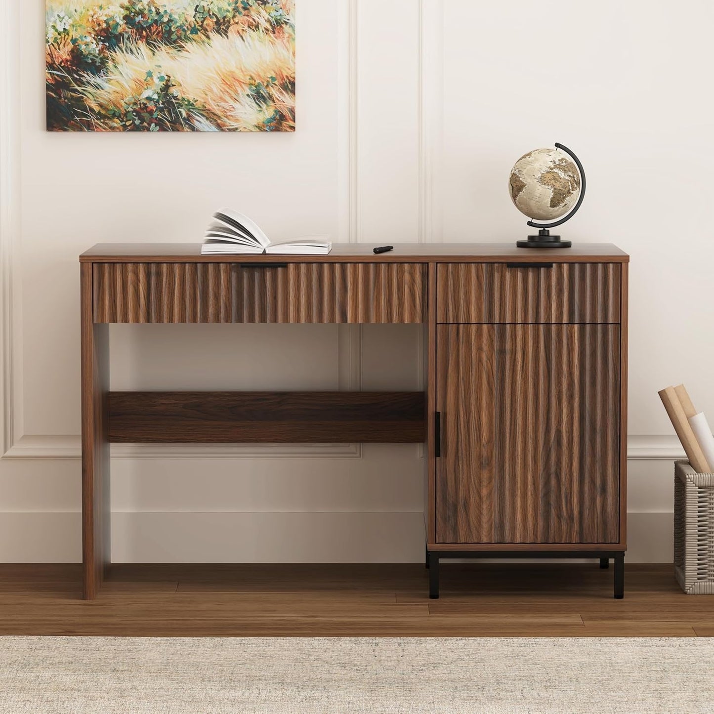 Brown 47 Inch Fluted Executive Desk Charging Station