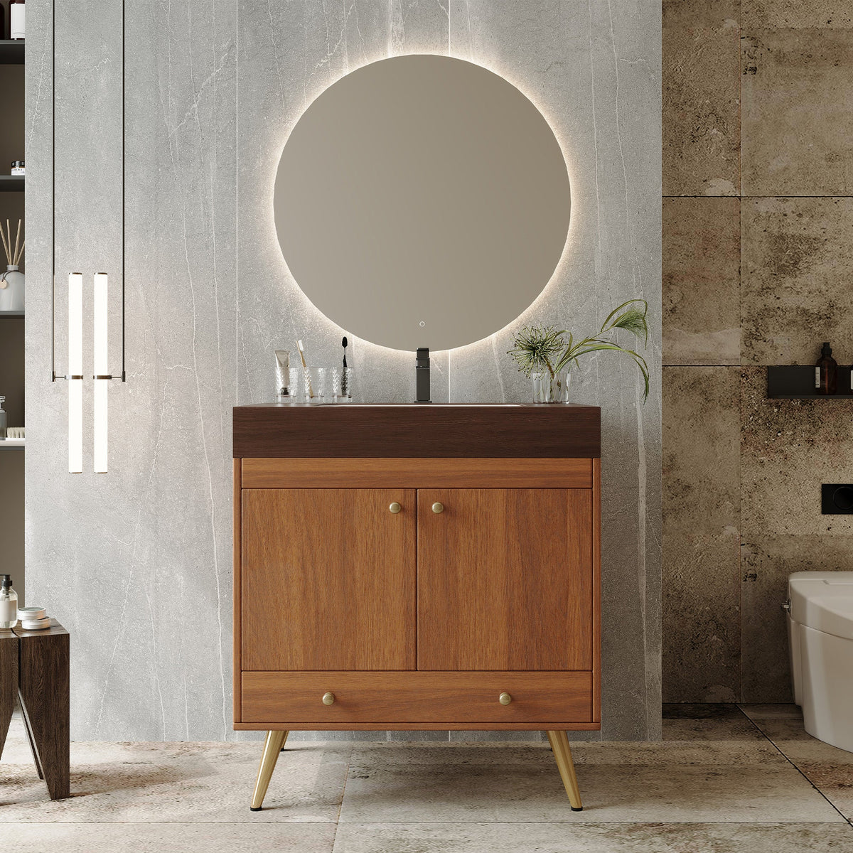 Mid-Century Freestanding Bathroom Vanity with Faux Marble Top