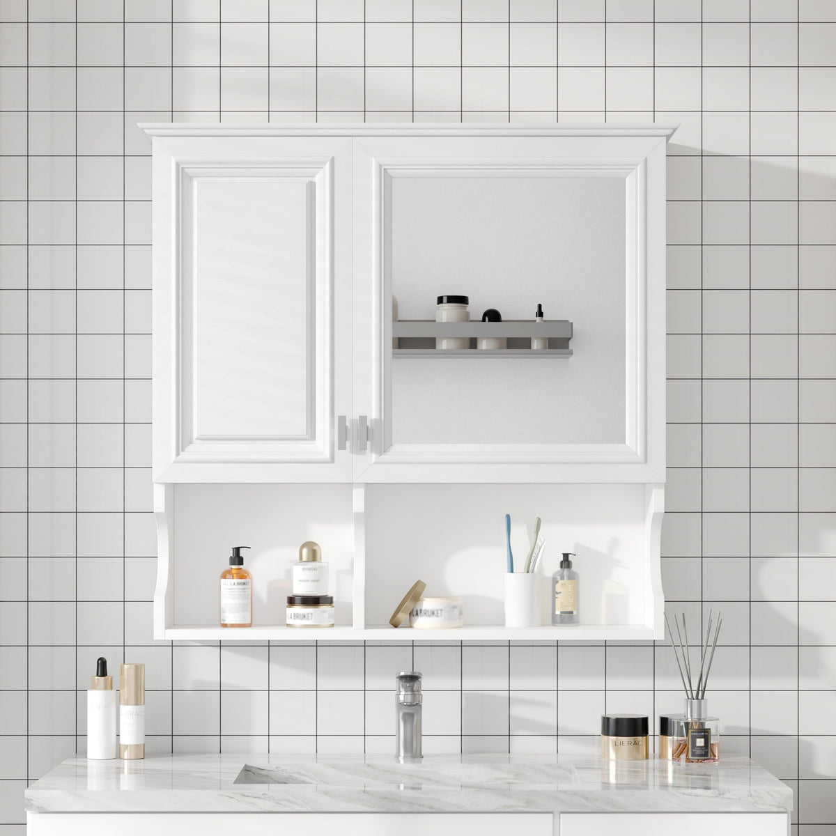 30 Inch Mirror Medicine Cabinet with Open Shelves