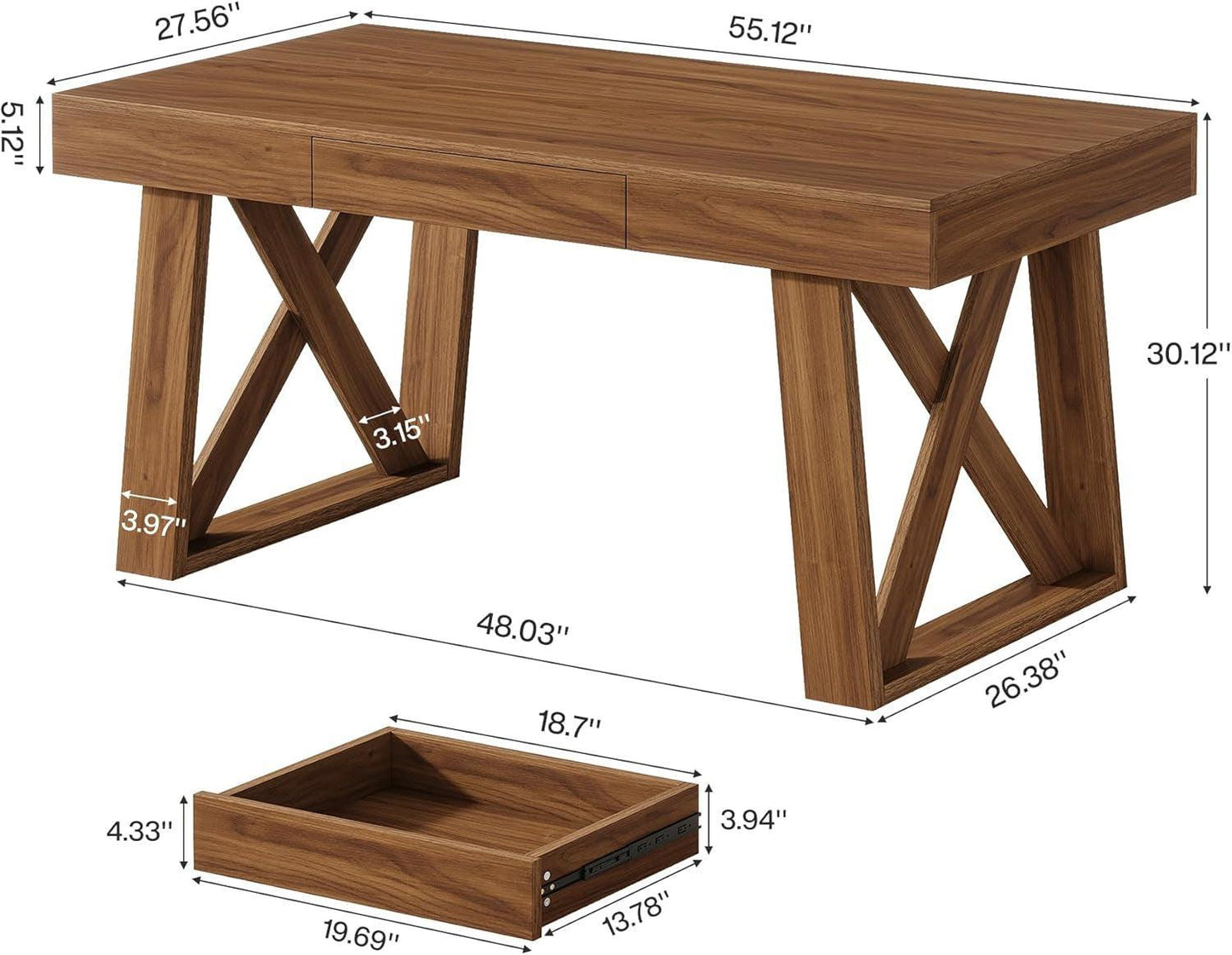 55 Inch Wide Walnut Finish Distressed Executive Desk