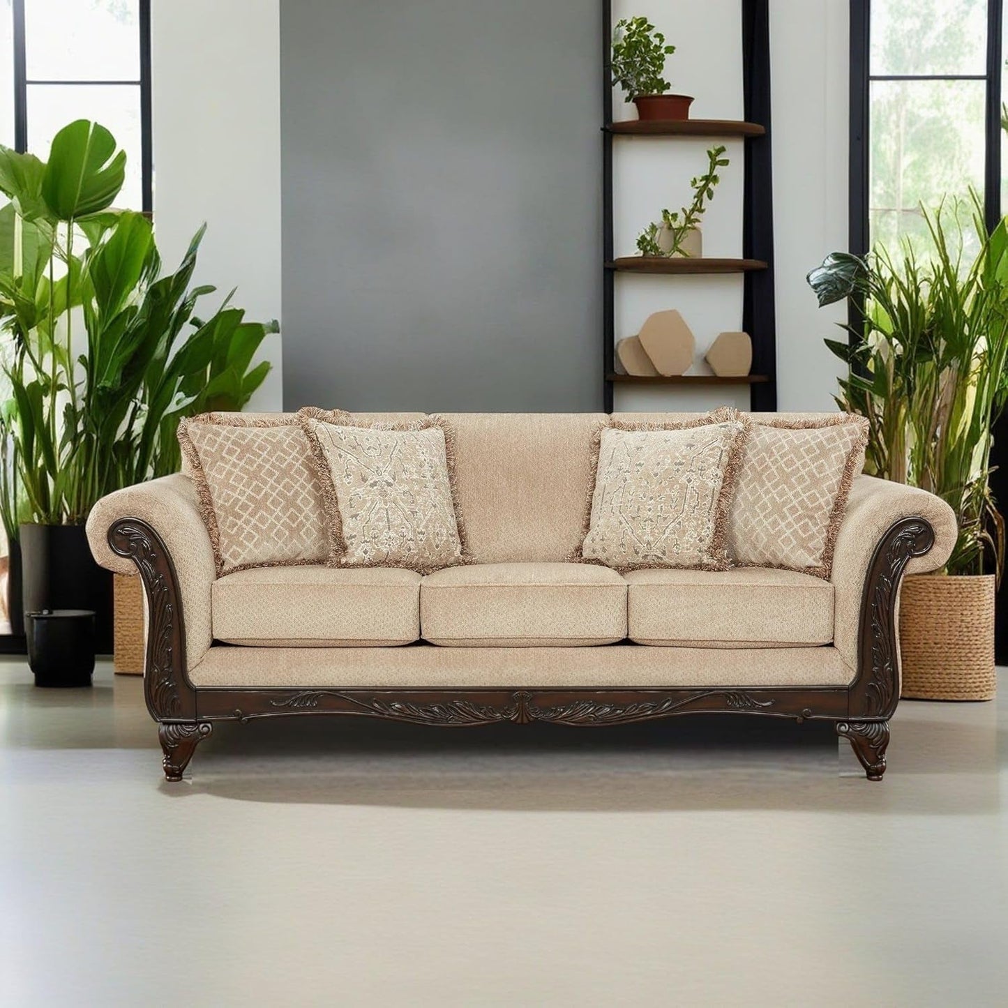Hernen Carved Wood Frame 5Piece Living Room Set Beige Wheat