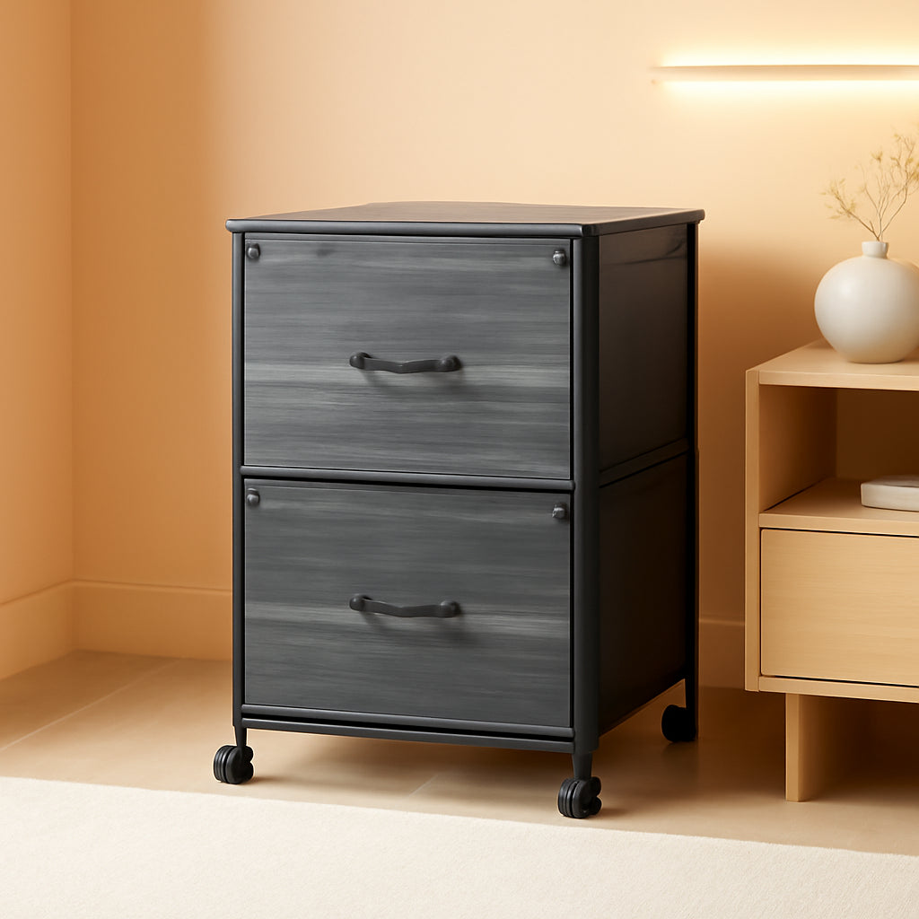 2 Drawer Mobile File Cabinet Rolling Printer Stand Charcoal Black Wood Grain Finish For Home Office