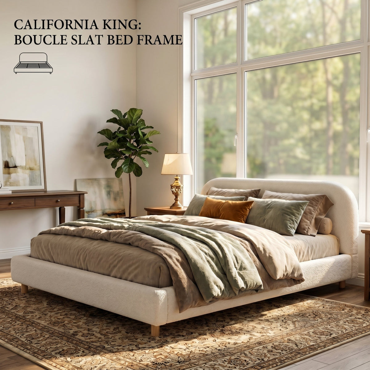California King Size Upholstered Bed With Boucle Fabric