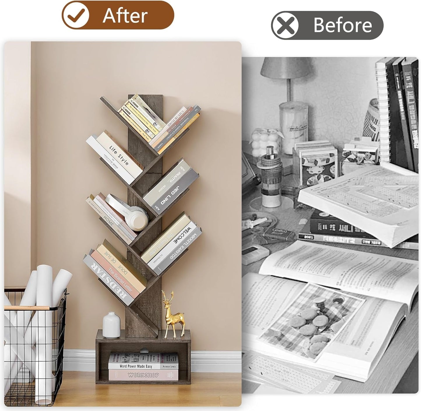 6 Tier Tree Bookshelf Bookcase With Drawer Grey Office