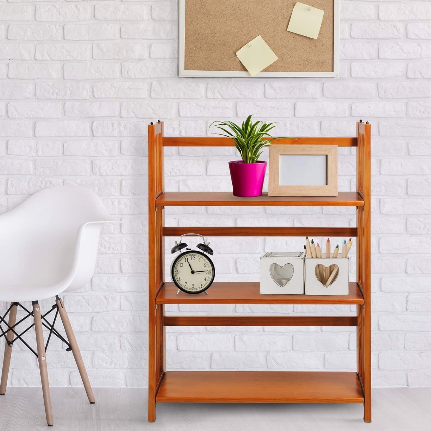 3-Shelf Folding Stackable Bookcase 27.5 Inch Wide Honey Oak