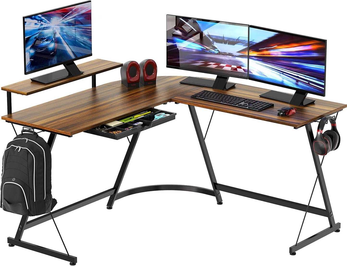 Vista L Shape Desk With Monitor Stand Walnut Finish