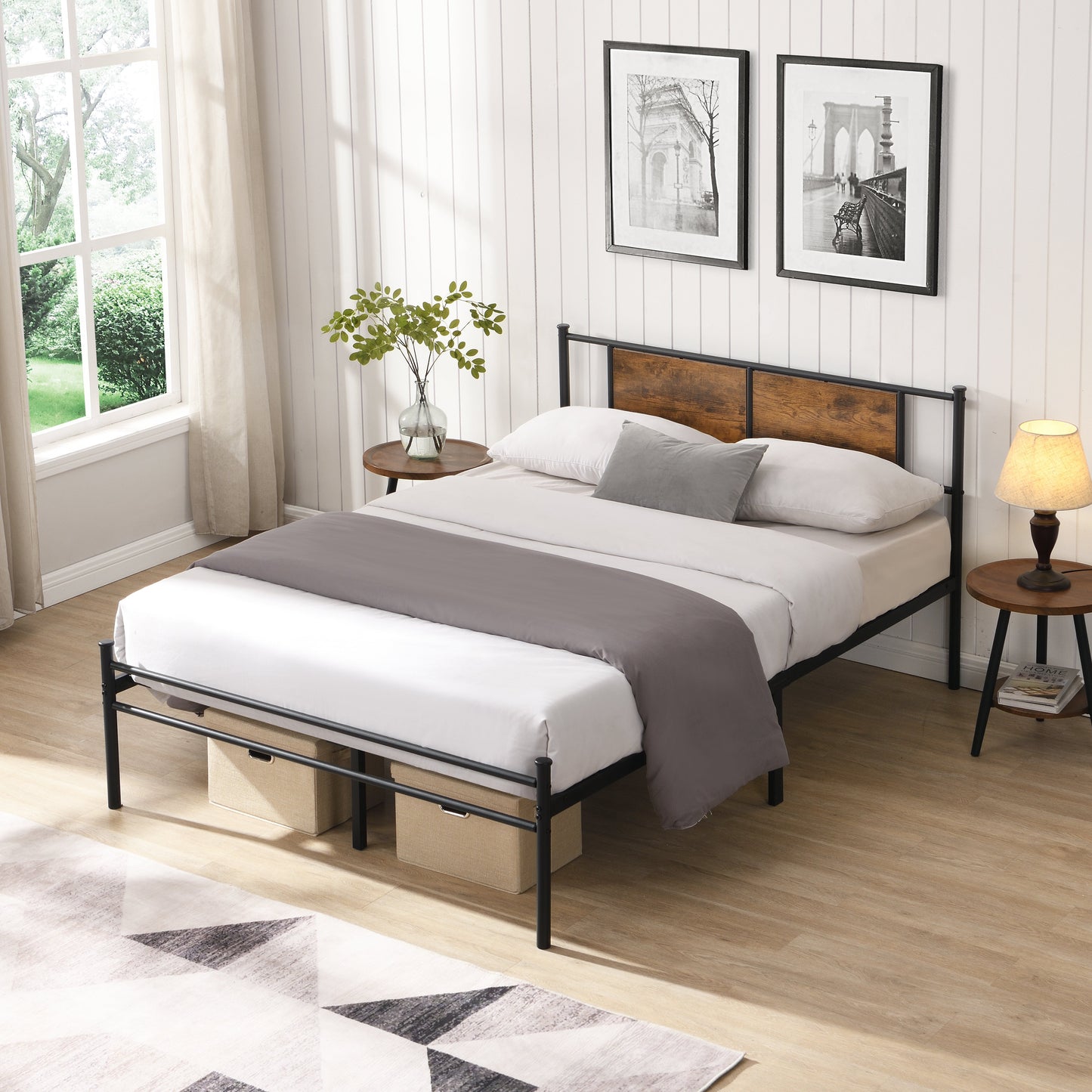 King Size Metal Bedframe With Wood Panel Decoration