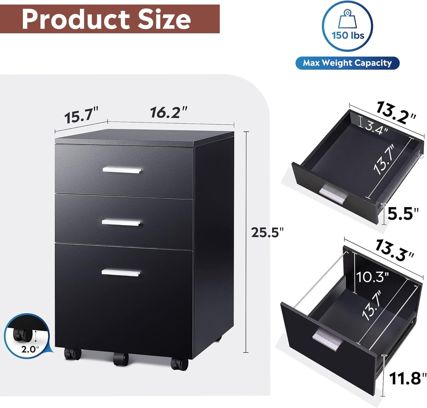 3 Drawer Wood File Cabinet Black For Letter A4 Size Home Office Storage Organizer