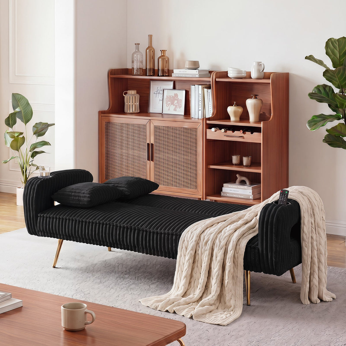 74 Inch Straight Corduroy Sofa Bed with Pillows