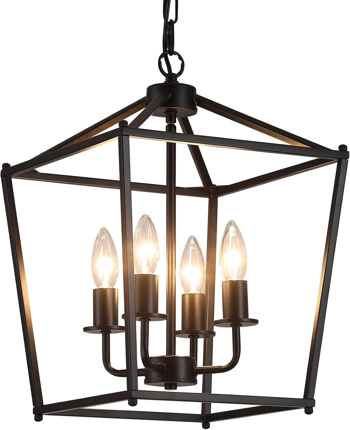 UL Black Industrial Lantern Chandelier 4 Light Pendant showcasing a geometric silhouette and warm glow.
