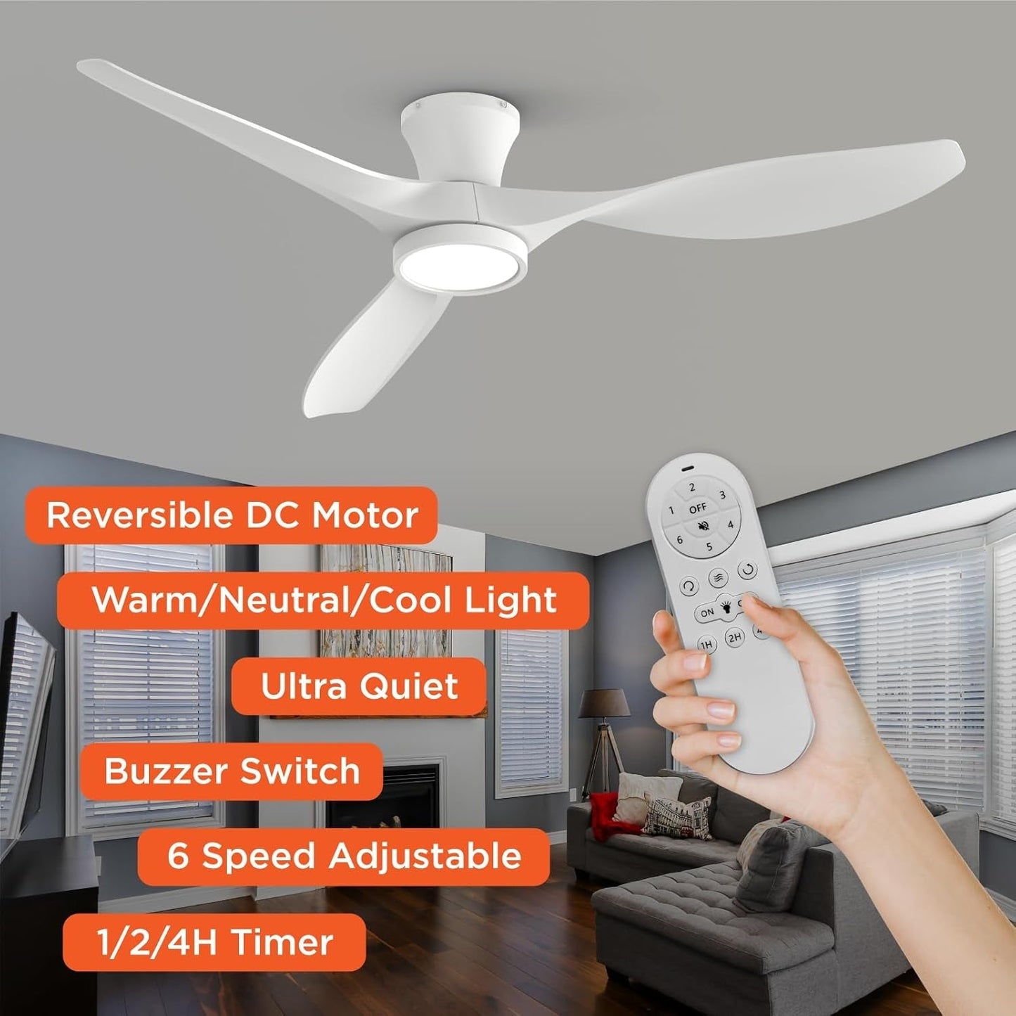 52 Inch Ceiling Fan With Remote And Quiet DC Motor showcasing reversible design and remote control features in a stylish living room.