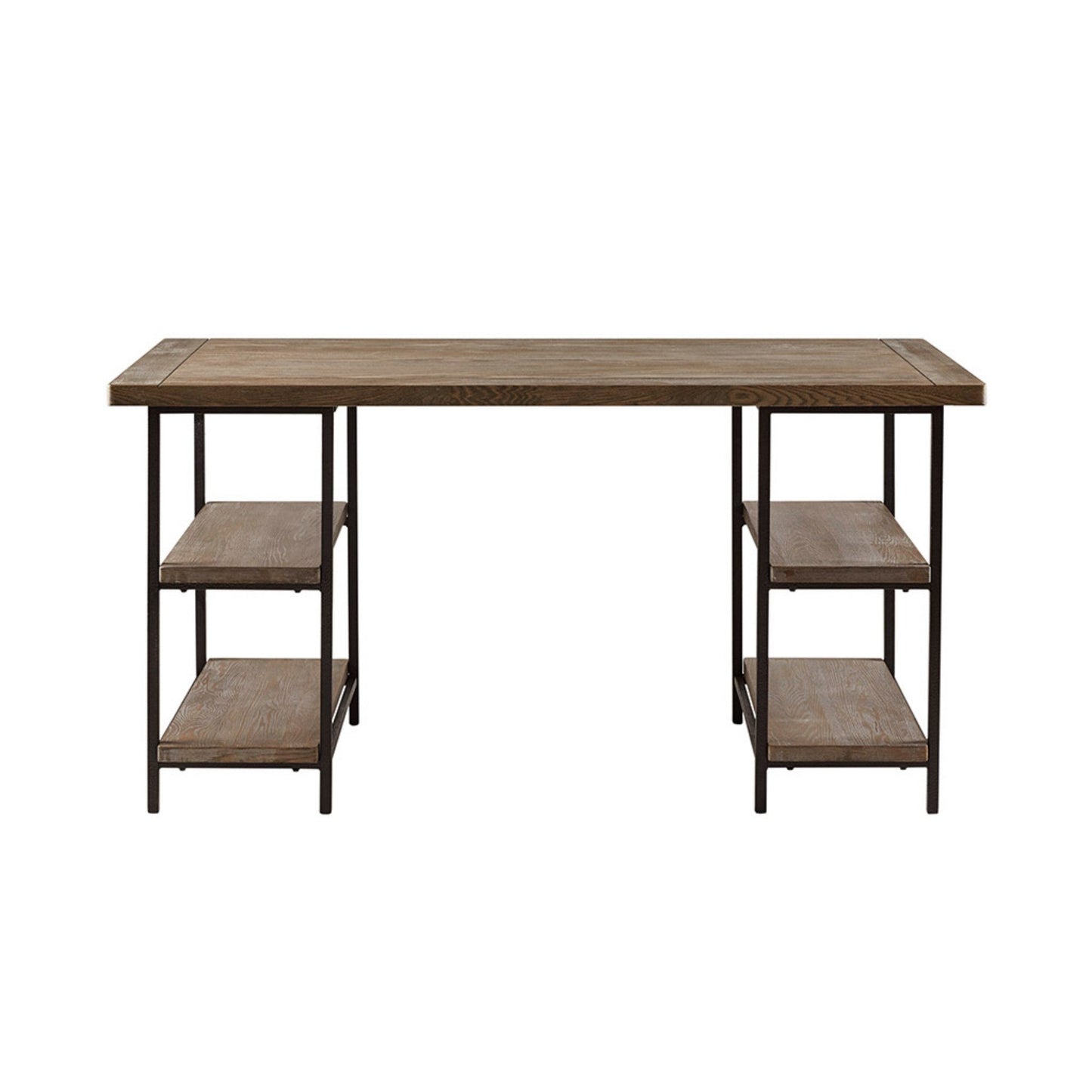 Industrial Style Metal Frame Accent Desk with Side Shelving in Reclaimed Grey Wood Finish