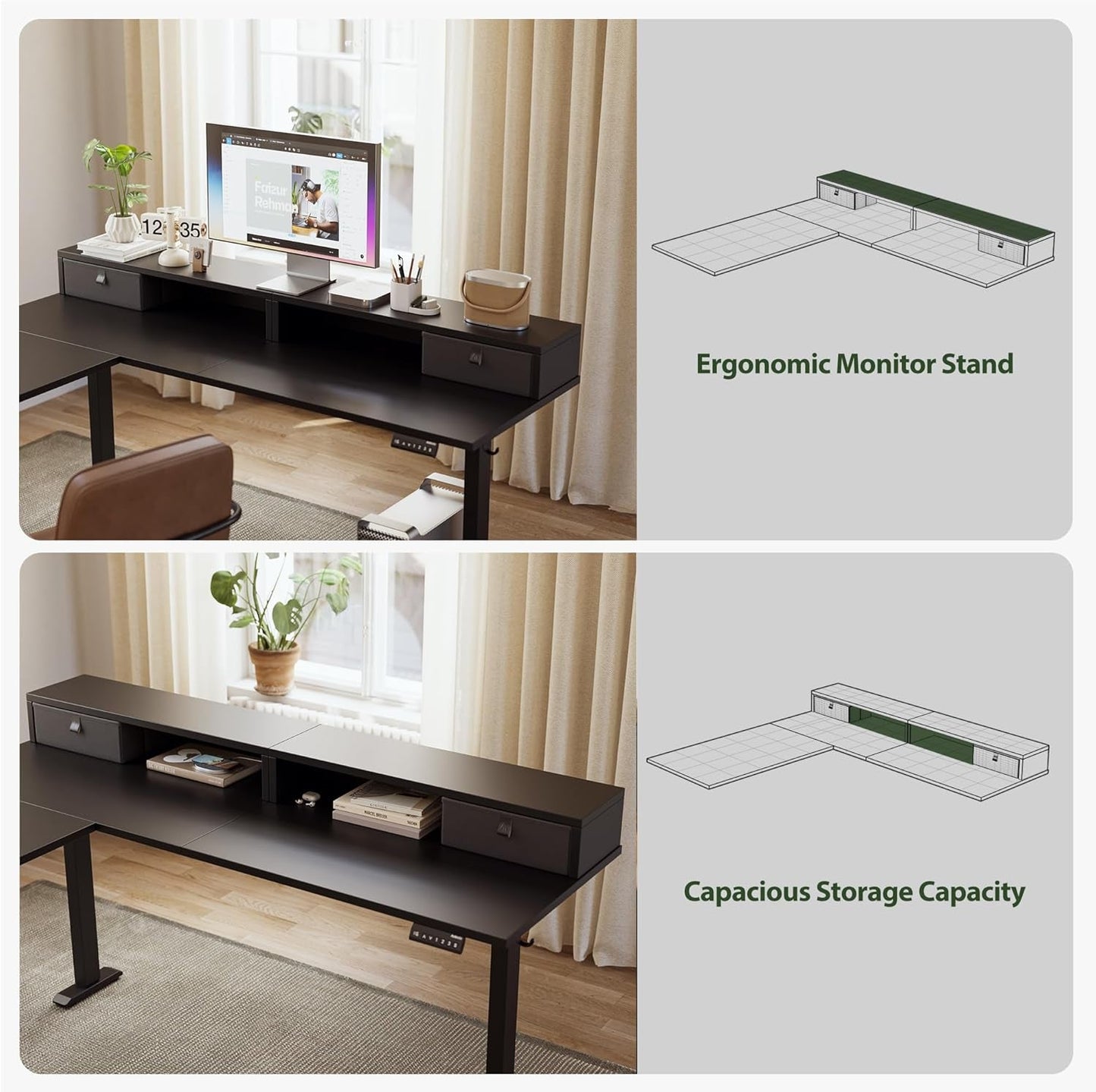 L Shaped Electric Standing Desk 63 Inch 2 Drawers Black