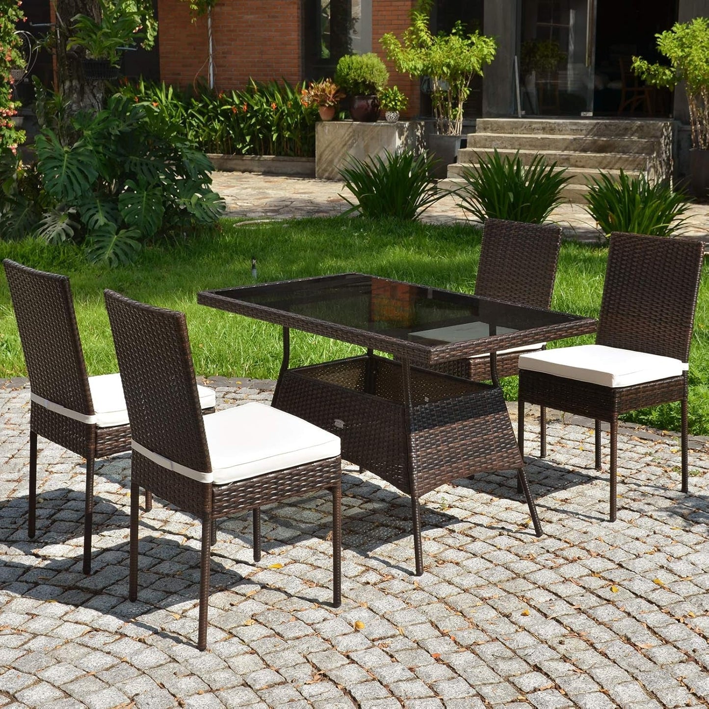 5 Piece Outdoor Patio Wicker Dining Set With Tempered Glass Table