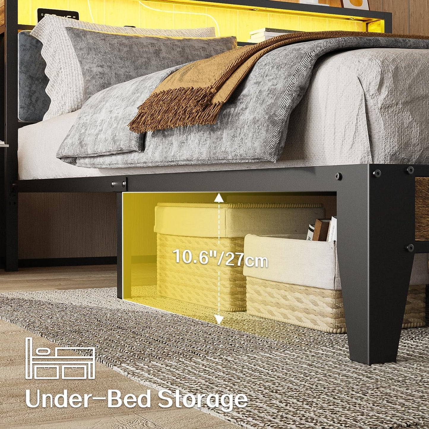 Queen Size RGB LED Headboard With Storage And Charging