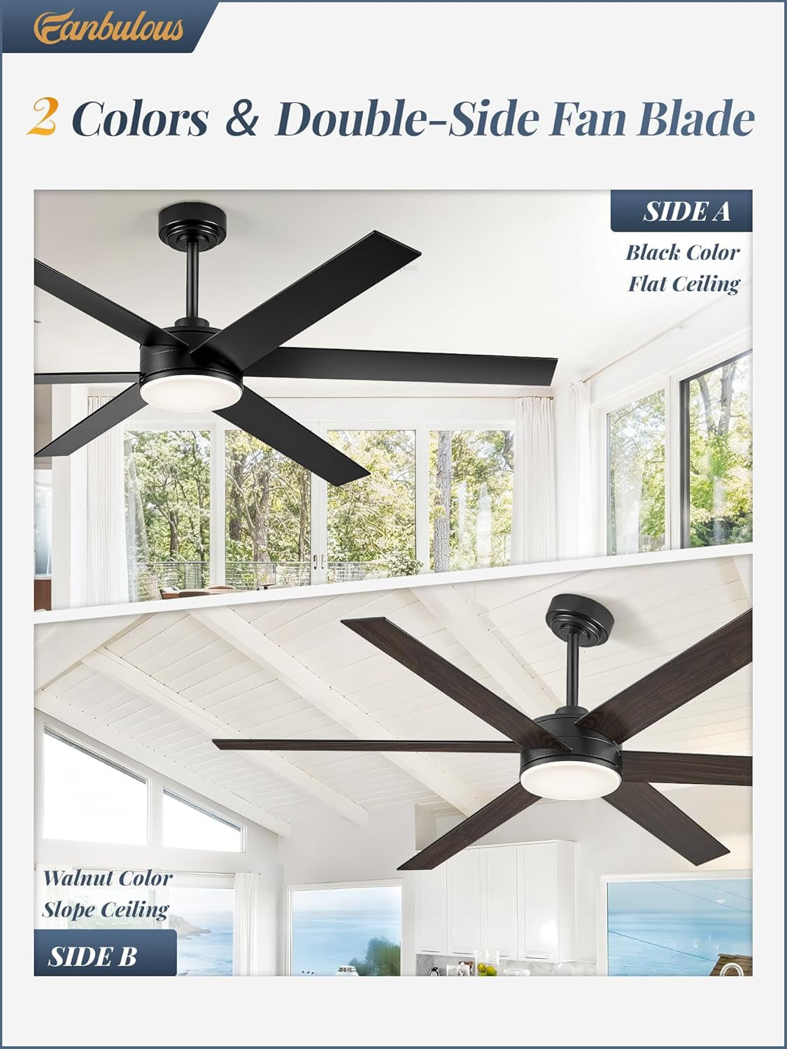 60 Inch Black Ceiling Fan With Lights Remote DC Motor showing two colors and double-side fan blades for versatile decor.