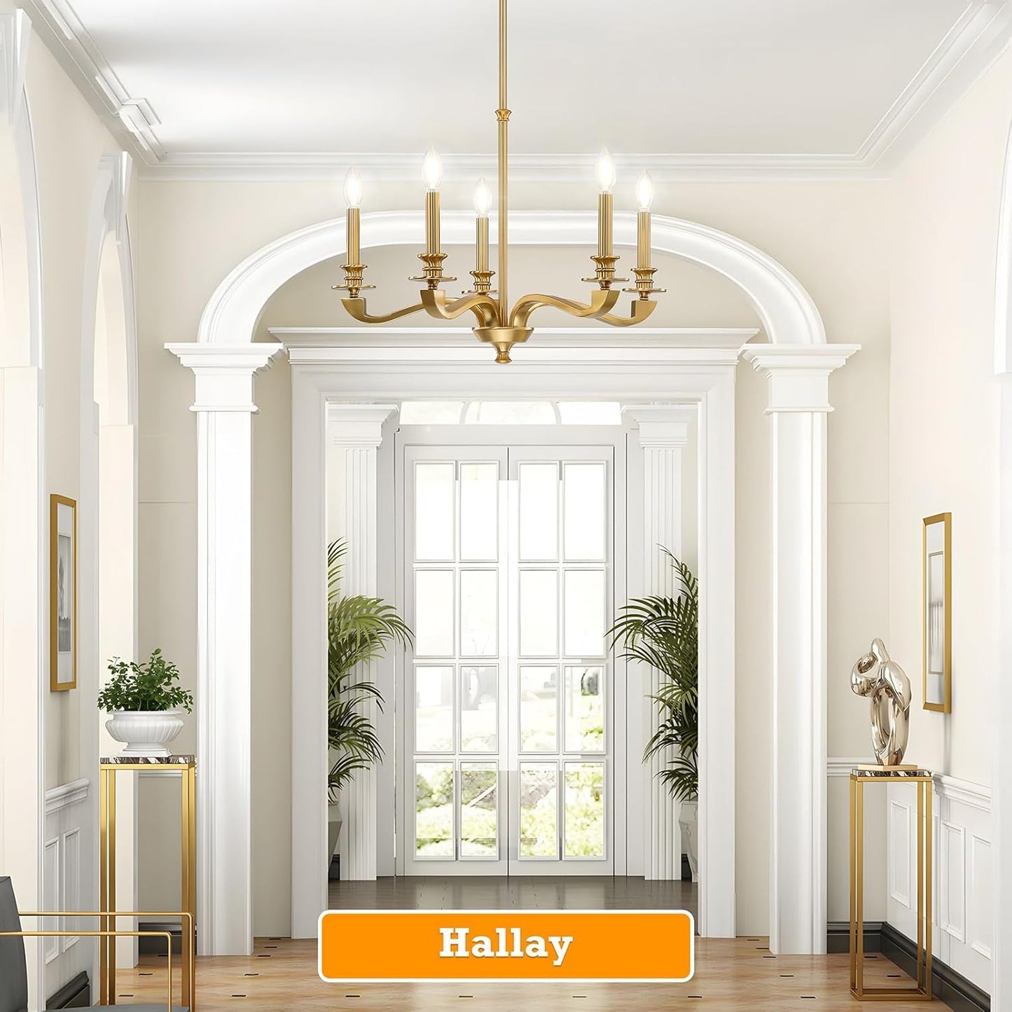 Gold 5 Light Chandelier 25.5 Inch Farmhouse Brass Dining