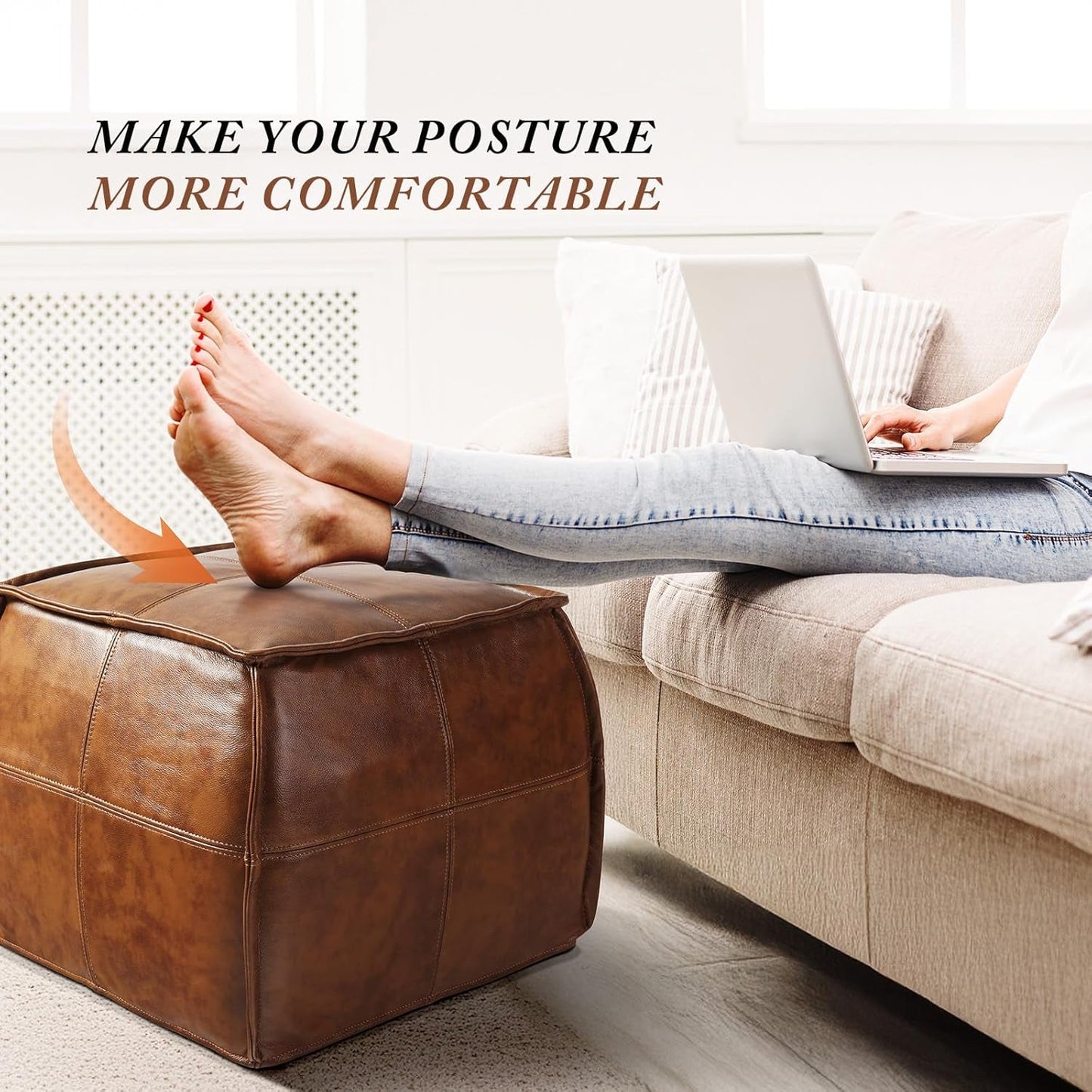 Authentic Brown Leather Ottoman Square Memory Foam