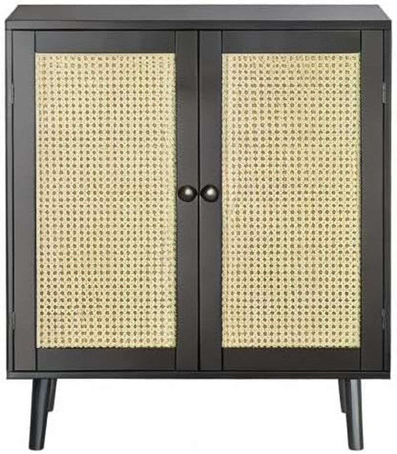 Buffet Cabinet With Black Finish And Rattan Doors Storage