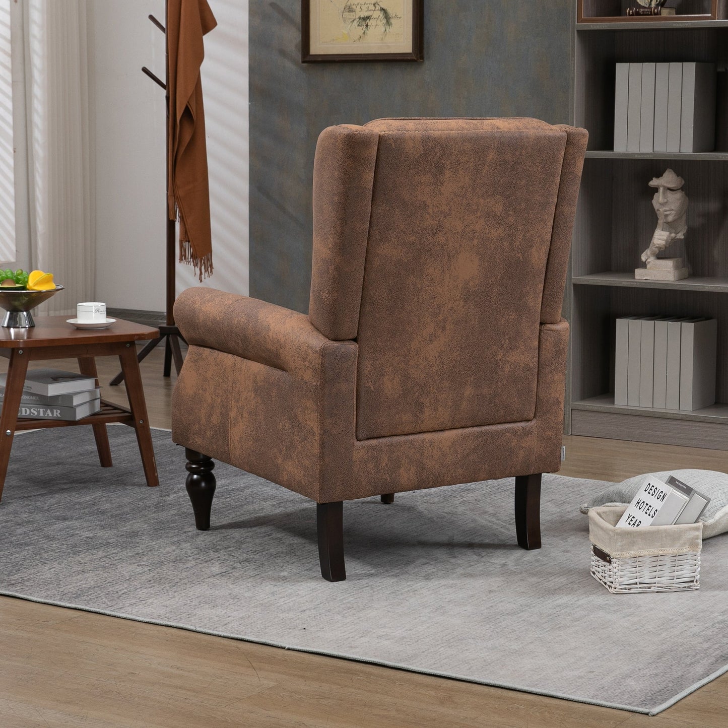 Modern Coffee Wood Frame Armchair with Microsuede Upholstery