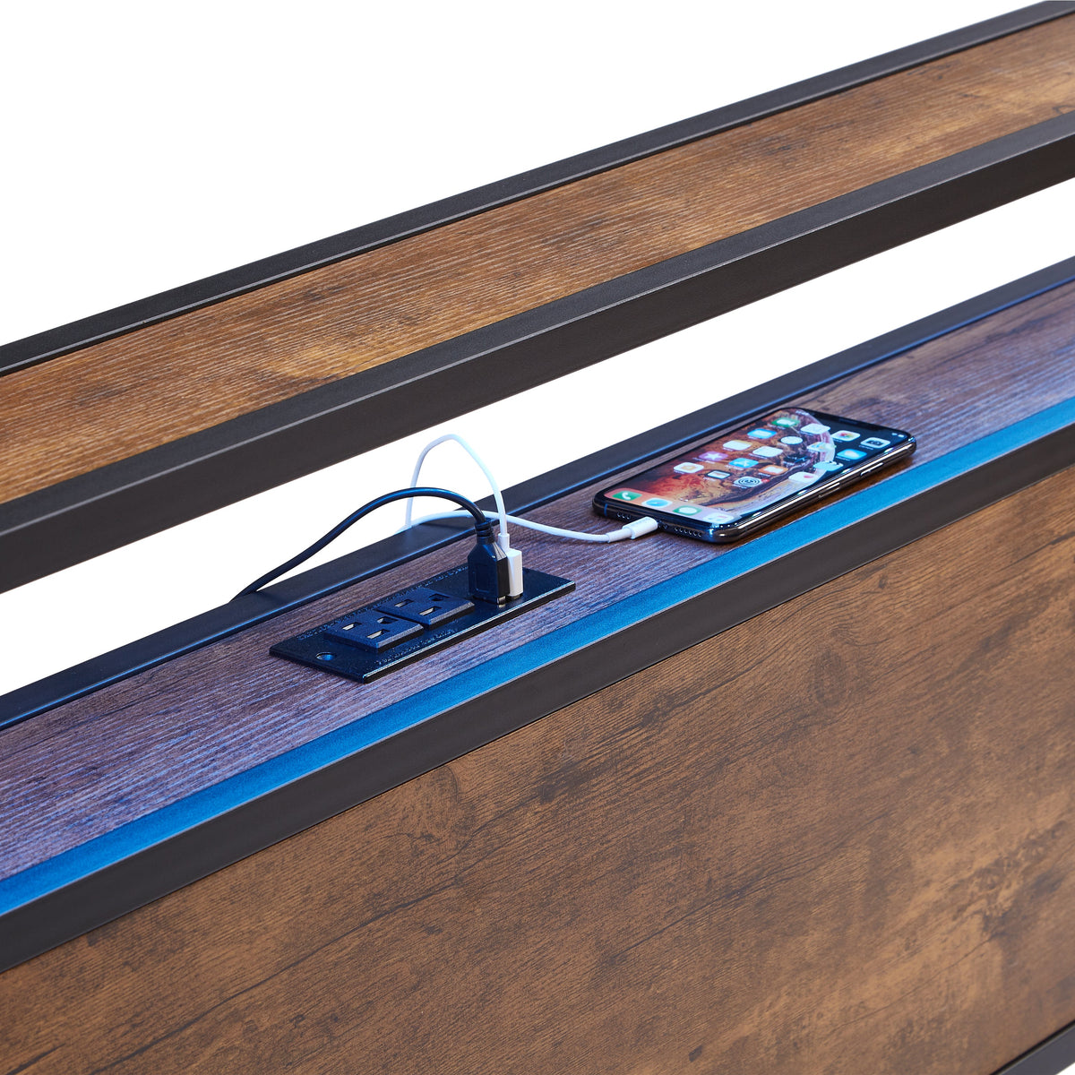 Full Size Metal Platform Bed Frame with Wooden Headboard