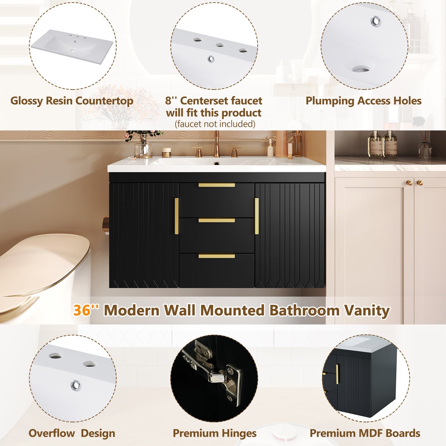 36'' Wall Mounted Bathroom Vanity with Resin Sink