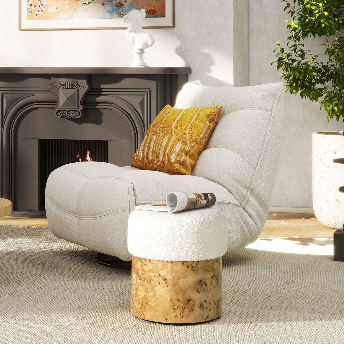 Nebula Round Burl Wood Upholstered Ottoman