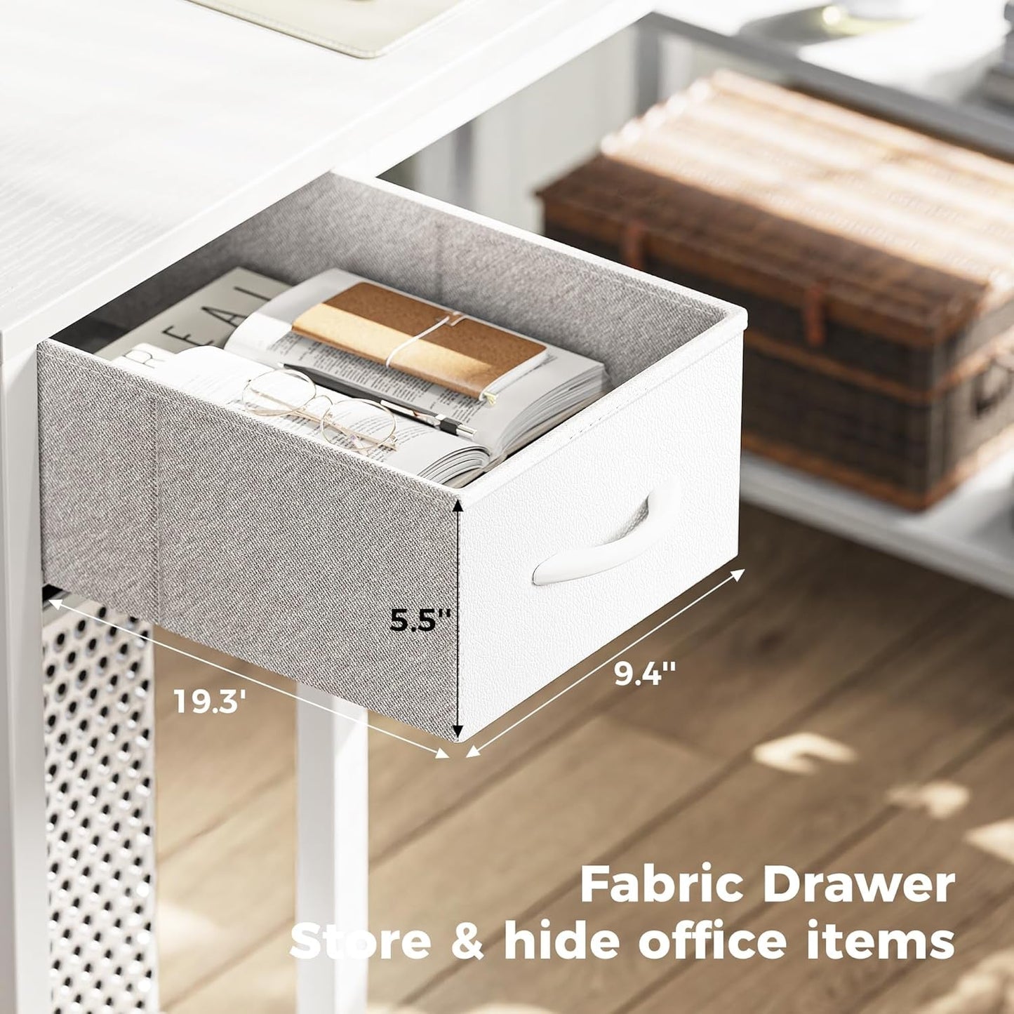 47 Inch White L Shaped Desk With LED Power Drawer Unit