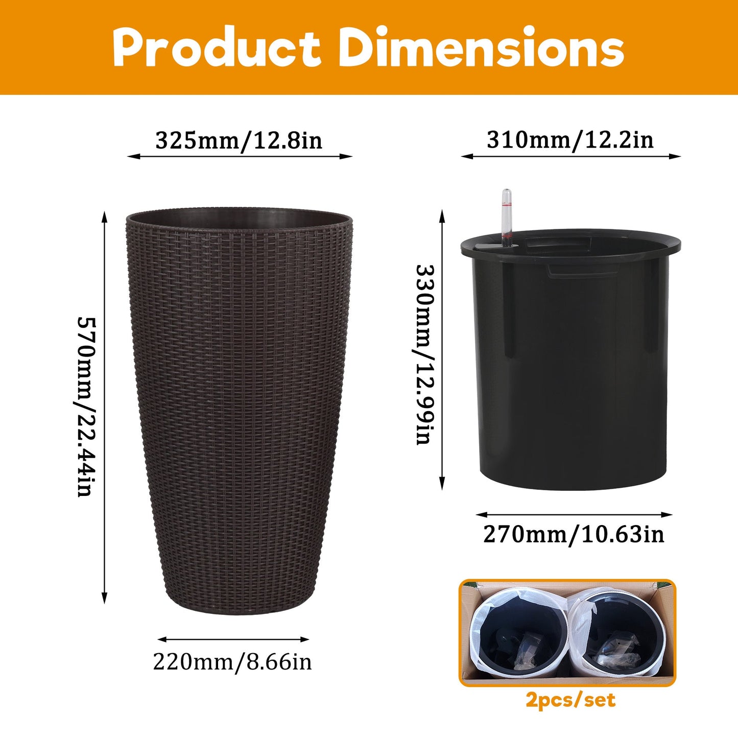 Set of 2 Faux Rattan Tall Planters with Automatic Watering