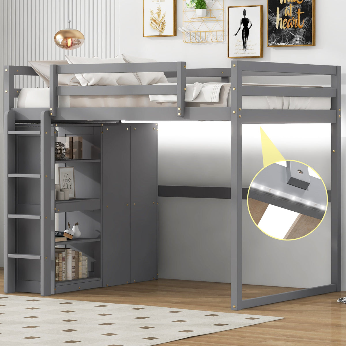 Wood Full Size Loft Bed With Built-in Wardrobe and Storage Shelves